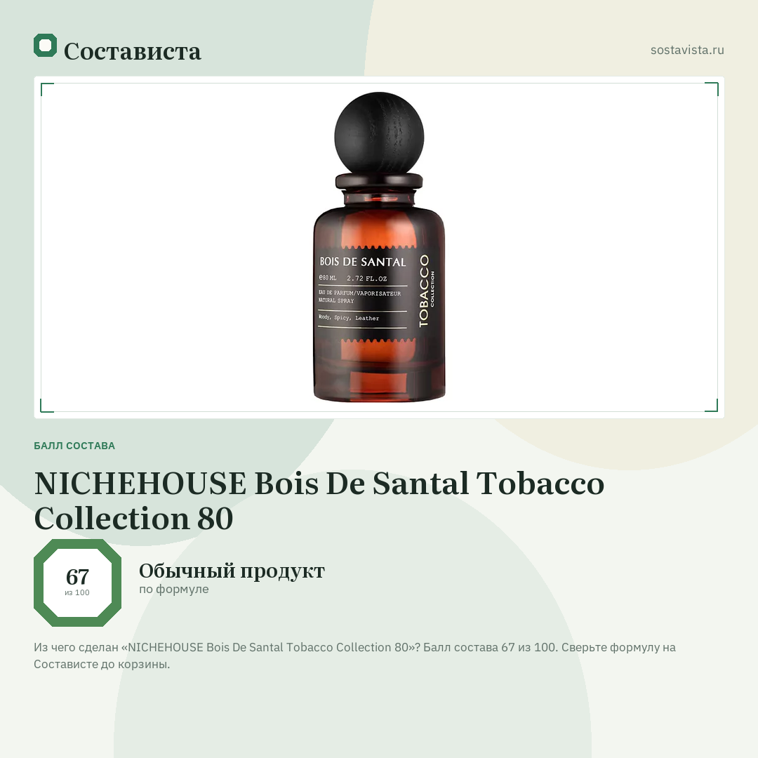NICHEHOUSE Bois De Santal Tobacco Collection 80: балл состава 67 из 100 — Состависта