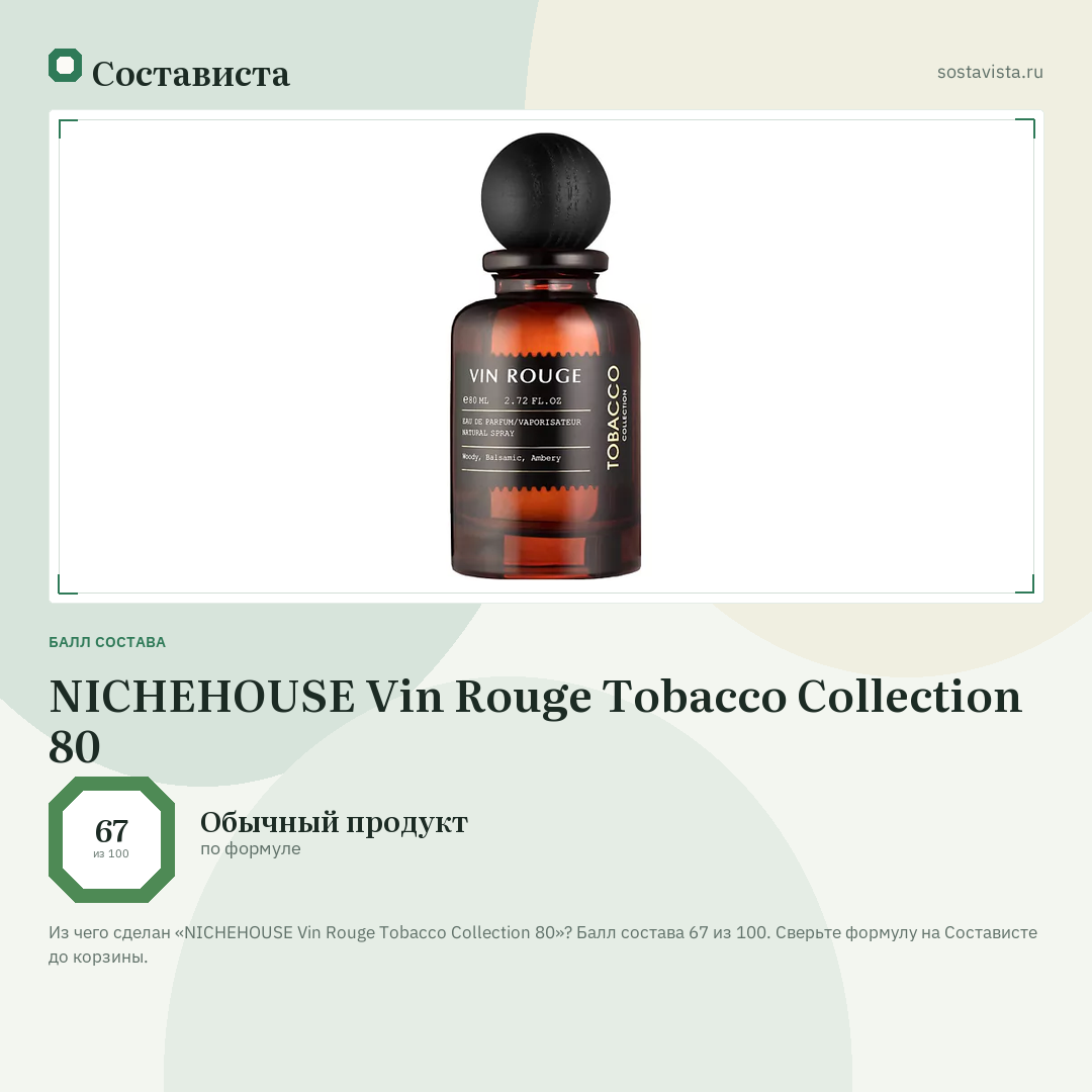 NICHEHOUSE Vin Rouge Tobacco Collection 80: балл состава 67 из 100 — Состависта