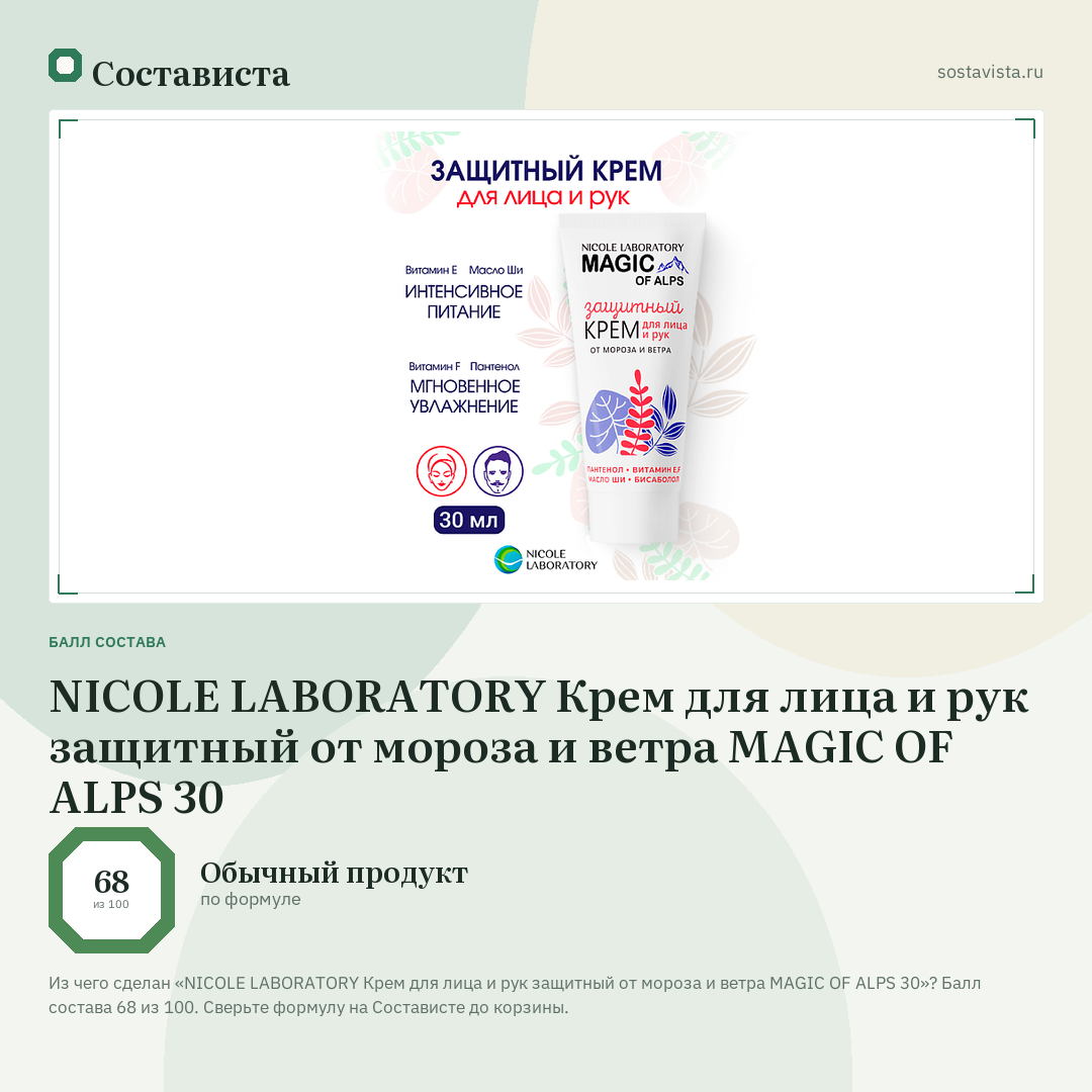 NICOLE LABORATORY Крем для лица и рук защитный от мороза и ветра MAGIC OF ALPS 30: балл состава 68 из 100 — Состависта