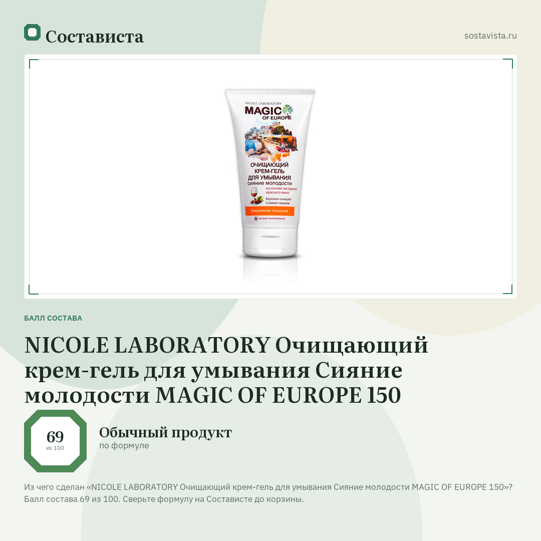 NICOLE LABORATORY Очищающий крем-гель для умывания Сияние молодости MAGIC OF EUROPE 150: балл состава 69 из 100 — Состависта