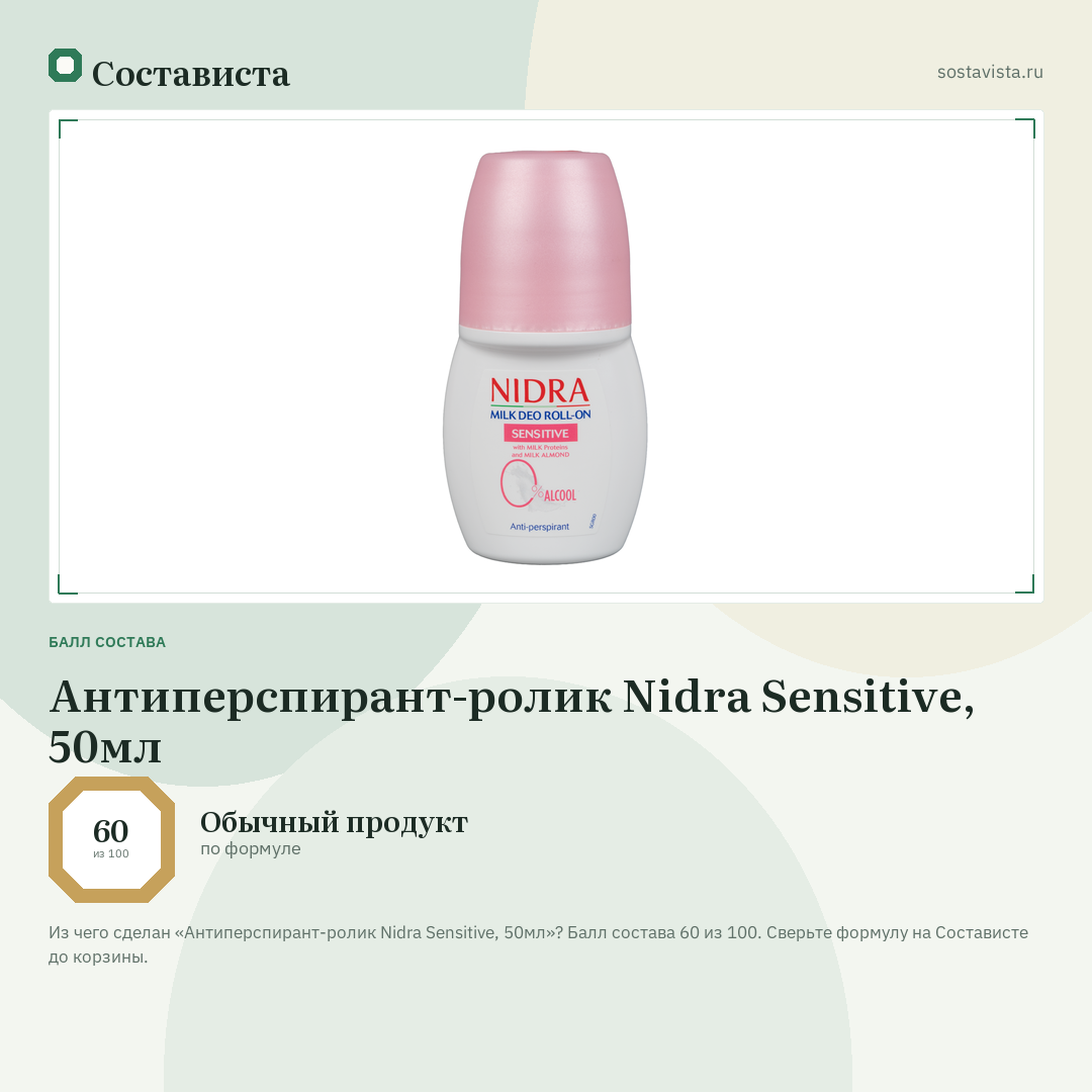 Антиперспирант-ролик Nidra Sensitive, 50мл: балл состава 60 из 100 — Состависта