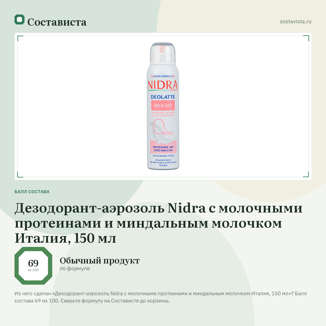 Дезодорант-аэрозоль Nidra с молочными протеинами и миндальным молочком Италия, 150 мл: балл состава 69 из 100 — Состависта