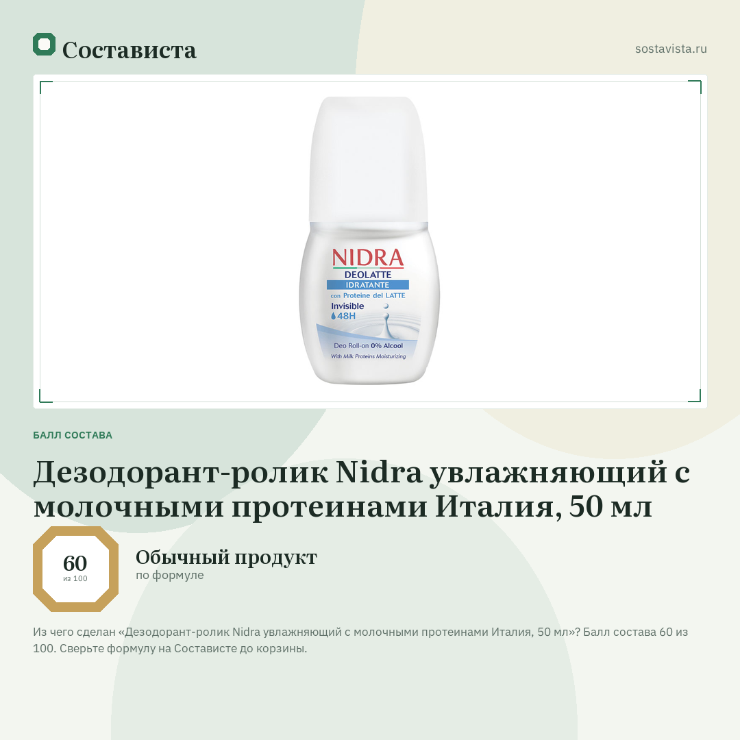 Дезодорант-ролик Nidra увлажняющий с молочными протеинами Италия, 50 мл: балл состава 60 из 100 — Состависта