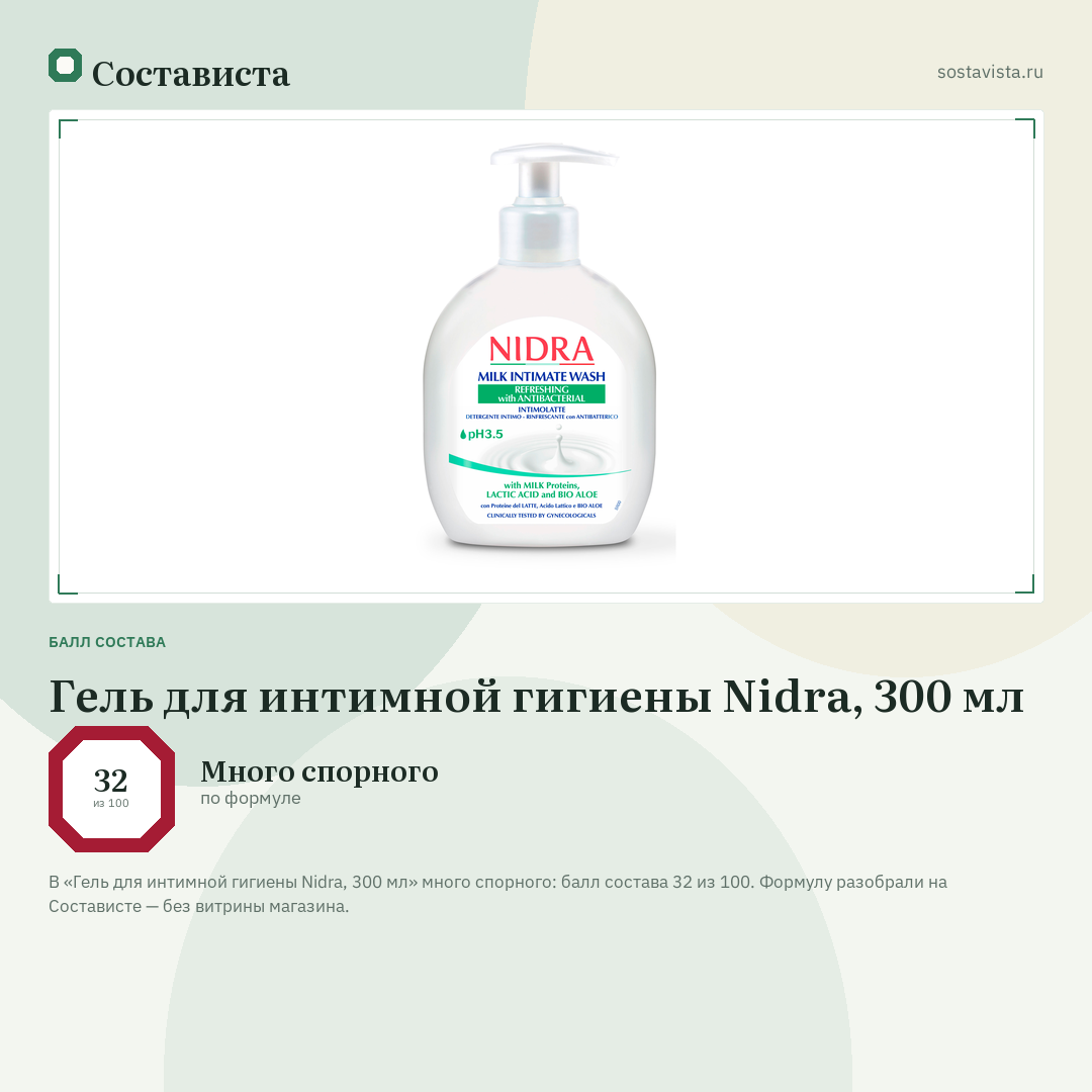 Гель для интимной гигиены Nidra, 300 мл: балл состава 32 из 100 — Состависта