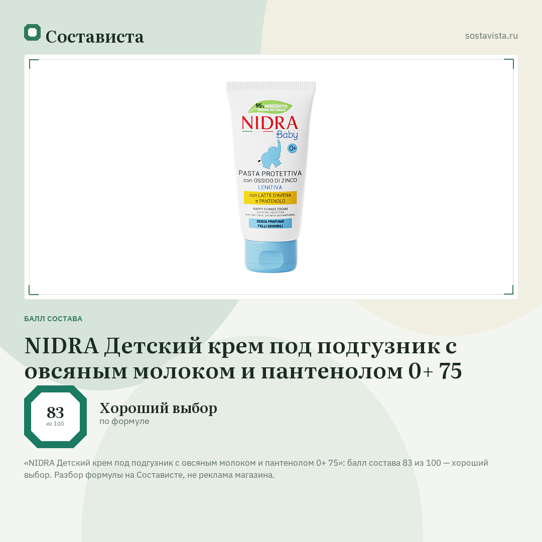 NIDRA Детский крем под подгузник с овсяным молоком и пантенолом 0+ 75: балл состава 83 из 100 — Состависта