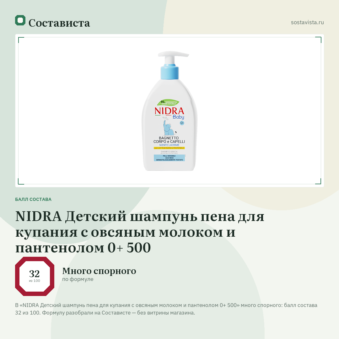 NIDRA Детский шампунь пена для купания с овсяным молоком и пантенолом 0+ 500: балл состава 32 из 100 — Состависта