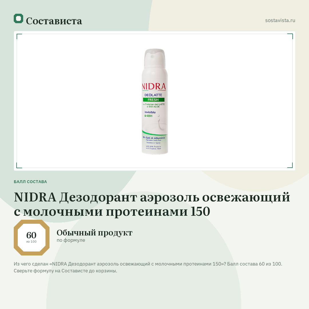 NIDRA Дезодорант аэрозоль освежающий с молочными протеинами 150: балл состава 60 из 100 — Состависта
