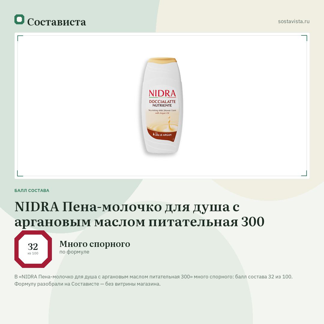 NIDRA Пена-молочко для душа с аргановым маслом питательная 300: балл состава 32 из 100 — Состависта