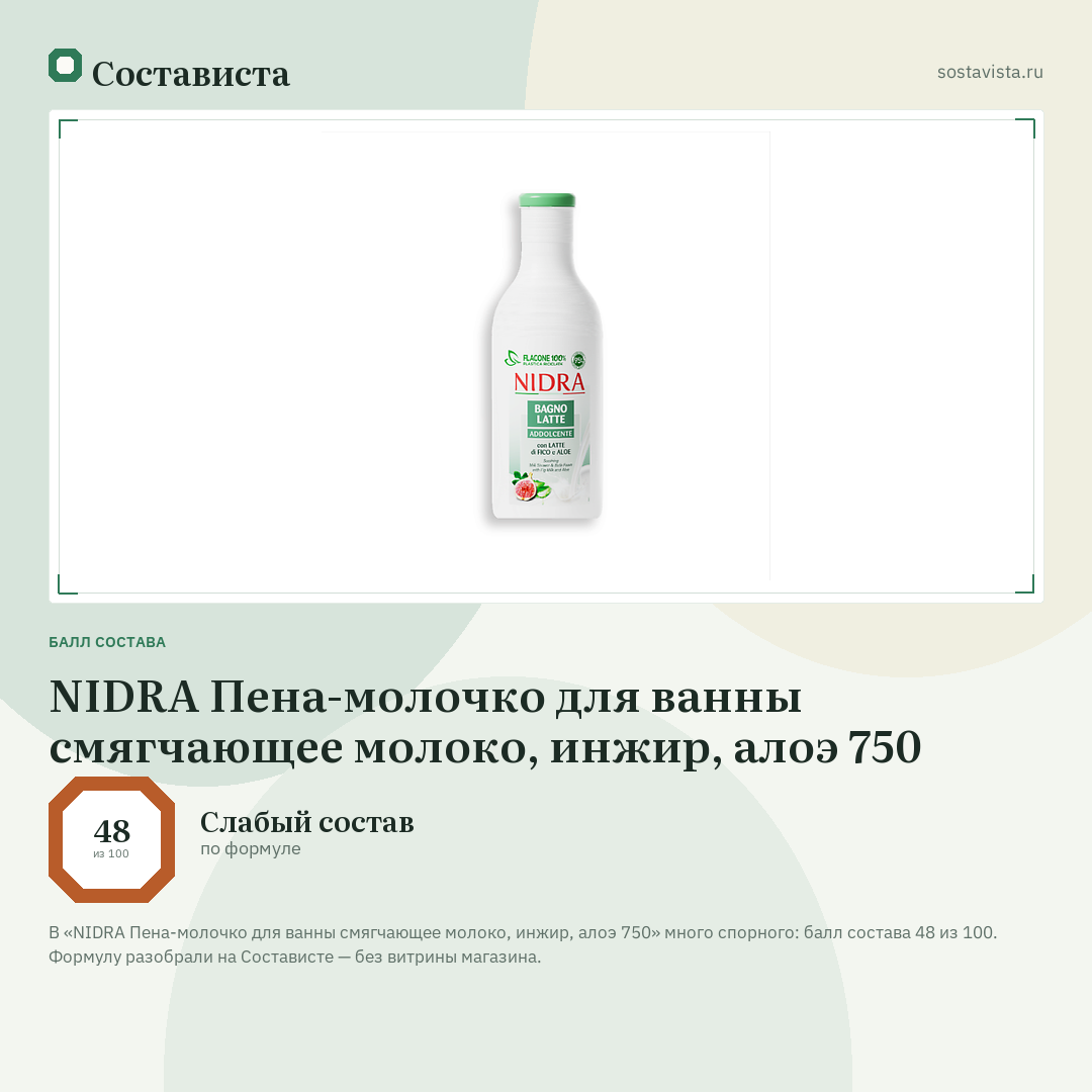 NIDRA Пена-молочко для ванны смягчающее молоко, инжир, алоэ 750: балл состава 48 из 100 — Состависта