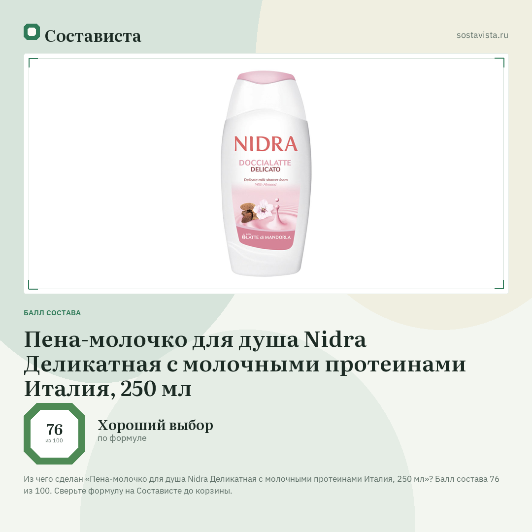 Пена-молочко для душа Nidra Деликатная с молочными протеинами Италия, 250 мл: балл состава 76 из 100 — Состависта