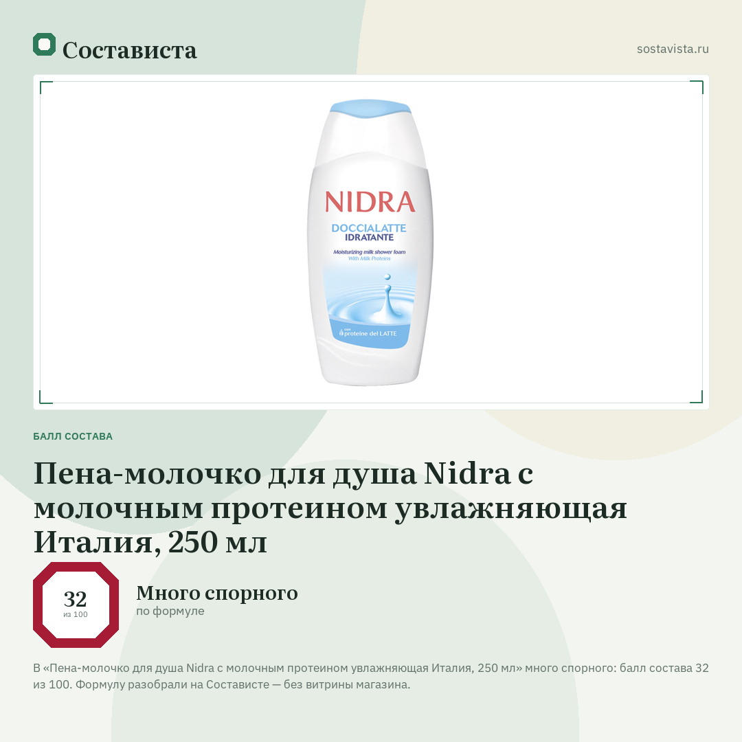 Пена-молочко для душа Nidra с молочным протеином увлажняющая Италия, 250 мл: балл состава 32 из 100 — Состависта