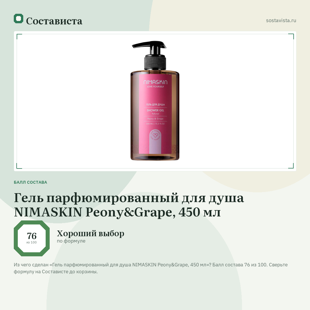 Гель парфюмированный для душа NIMASKIN Peony&Grape, 450 мл: балл состава 76 из 100 — Состависта