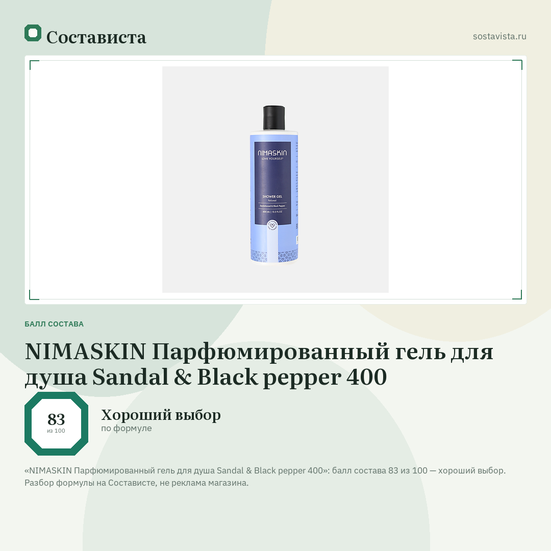 NIMASKIN Парфюмированный гель для душа Sandal & Black pepper 400: балл состава 83 из 100 — Состависта
