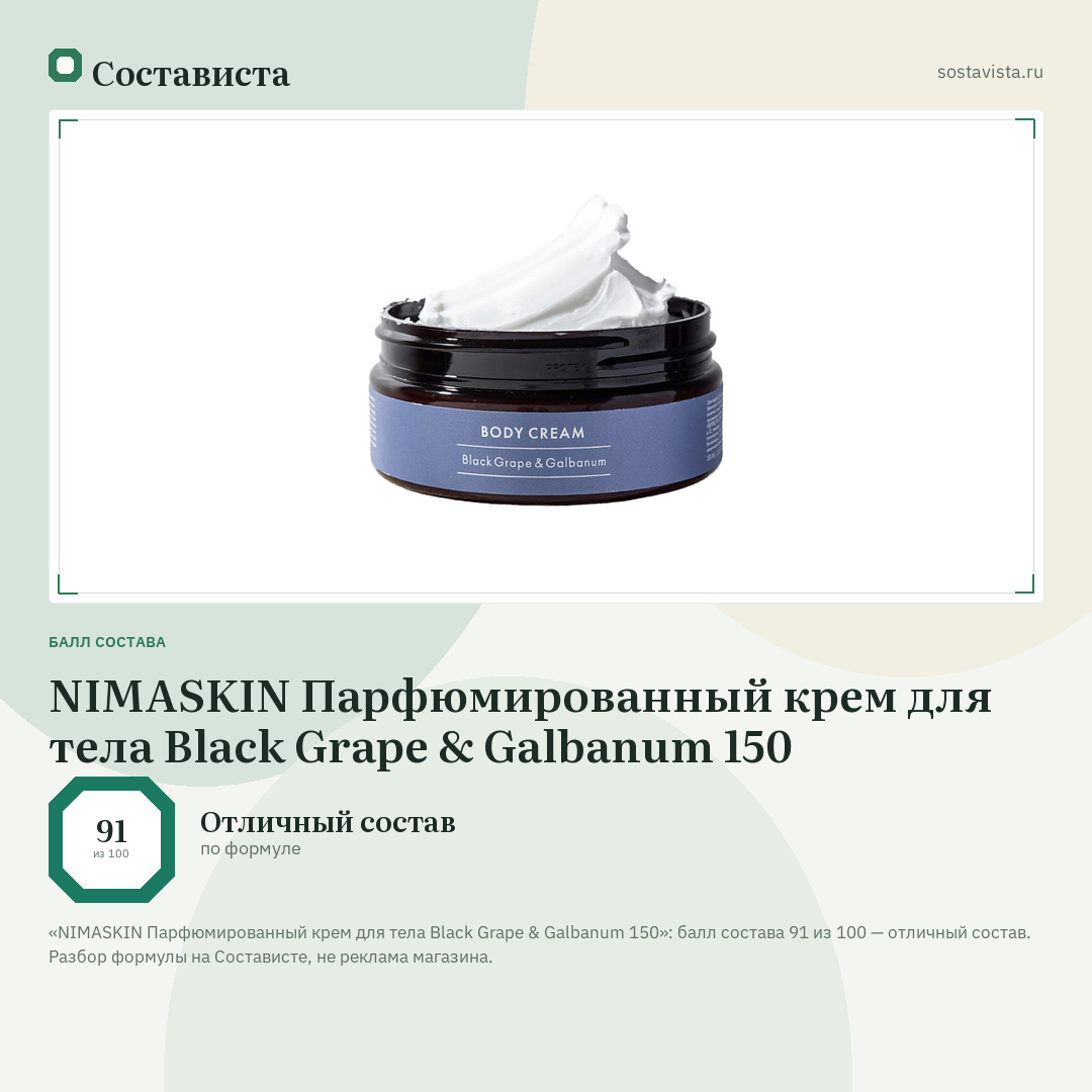 NIMASKIN Парфюмированный крем для тела Black Grape & Galbanum 150: балл состава 91 из 100 — Состависта