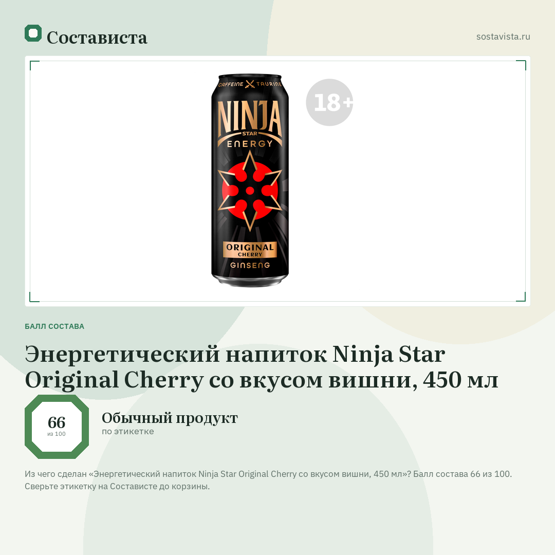 Энергетический напиток Ninja Star Original Cherry со вкусом вишни, 450 мл: балл состава 66 из 100 — Состависта