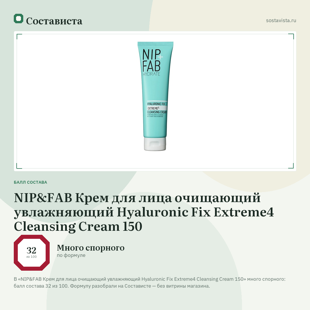 NIP&FAB Крем для лица очищающий увлажняющий Hyaluronic Fix Extreme4 Cleansing Cream 150: балл состава 32 из 100 — Состависта