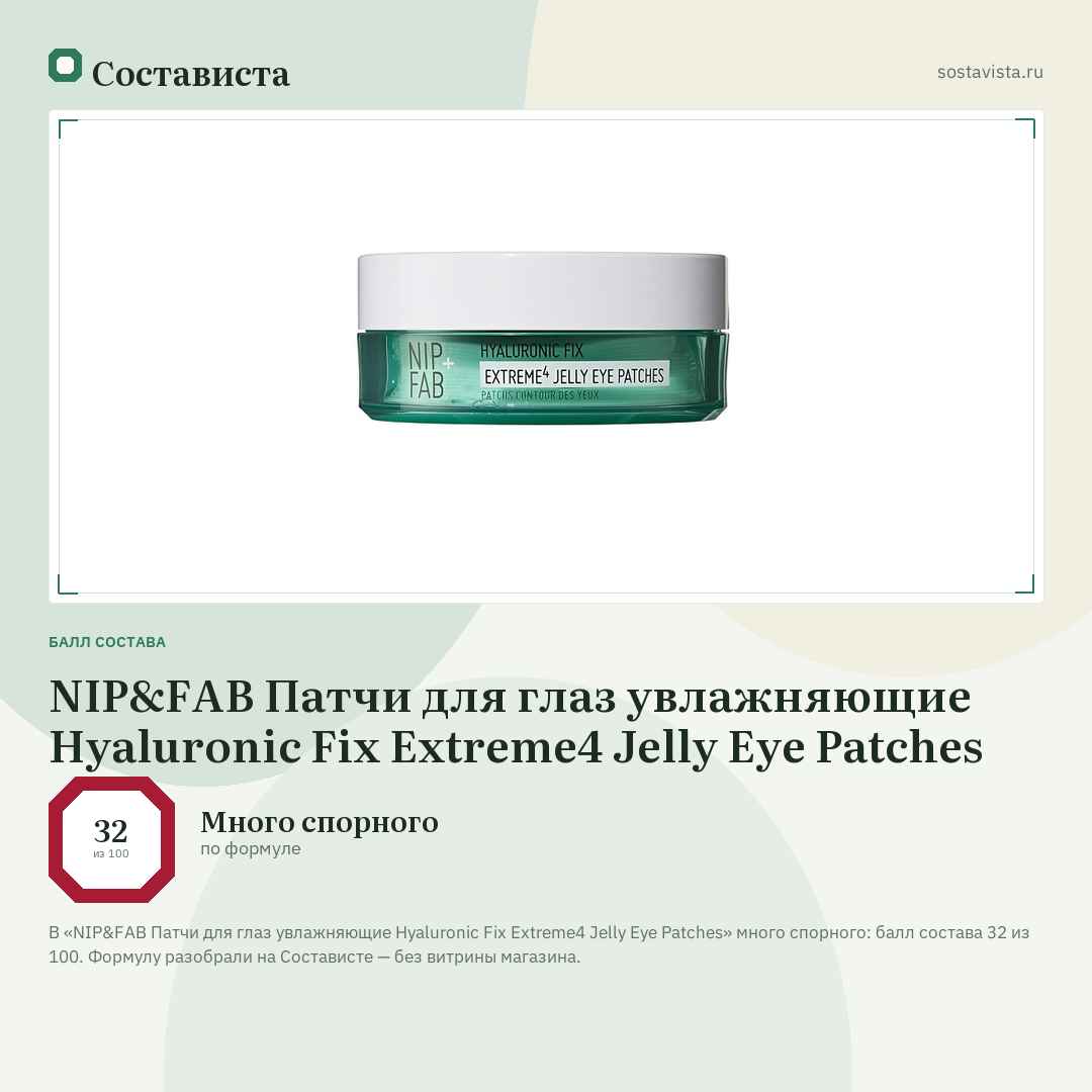 NIP&FAB Патчи для глаз увлажняющие Hyaluronic Fix Extreme4 Jelly Eye Patches: балл состава 32 из 100 — Состависта