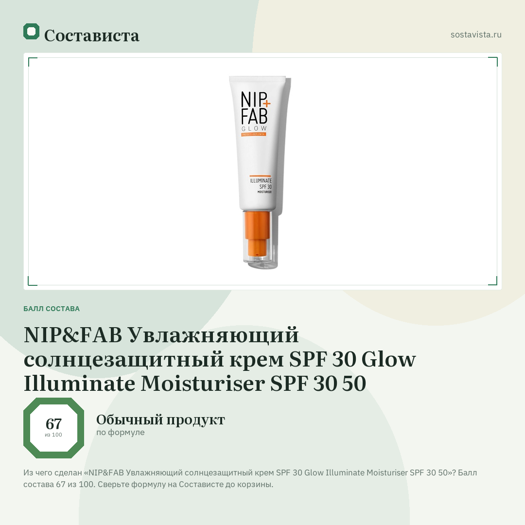 NIP&FAB Увлажняющий солнцезащитный крем SPF 30 Glow Illuminate Moisturiser SPF 30 50: балл состава 67 из 100 — Состависта