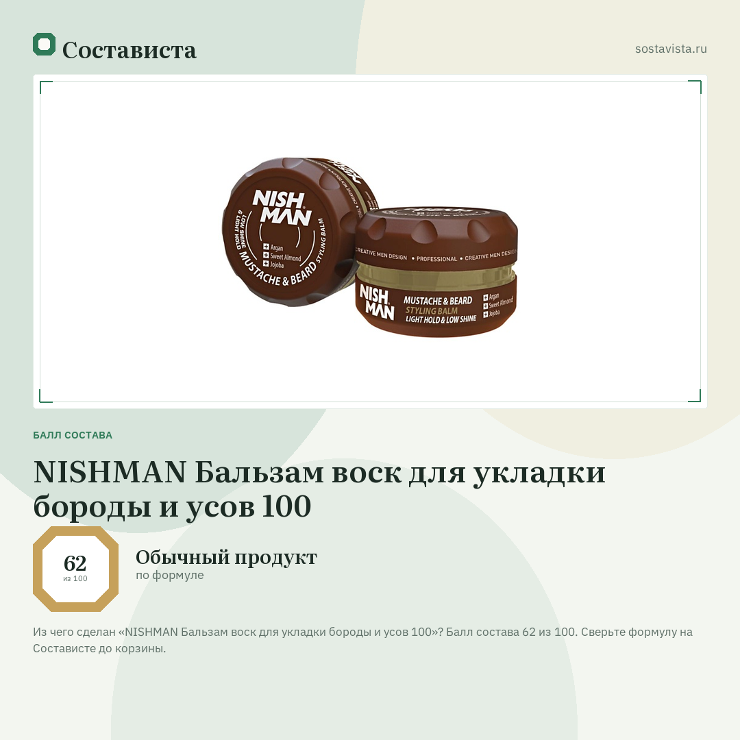 NISHMAN Бальзам воск для укладки бороды и усов 100: балл состава 62 из 100 — Состависта
