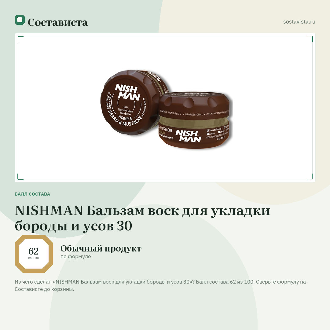 NISHMAN Бальзам воск для укладки бороды и усов 30: балл состава 62 из 100 — Состависта
