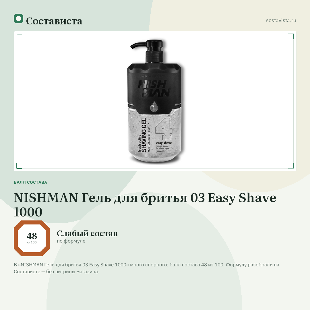 NISHMAN Гель для бритья 03 Easy Shave 1000: балл состава 48 из 100 — Состависта