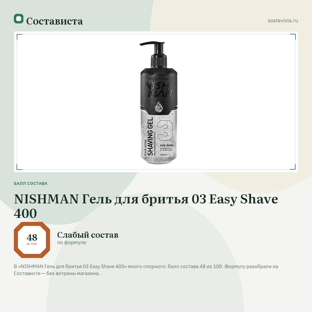 NISHMAN Гель для бритья 03 Easy Shave 400: балл состава 48 из 100 — Состависта