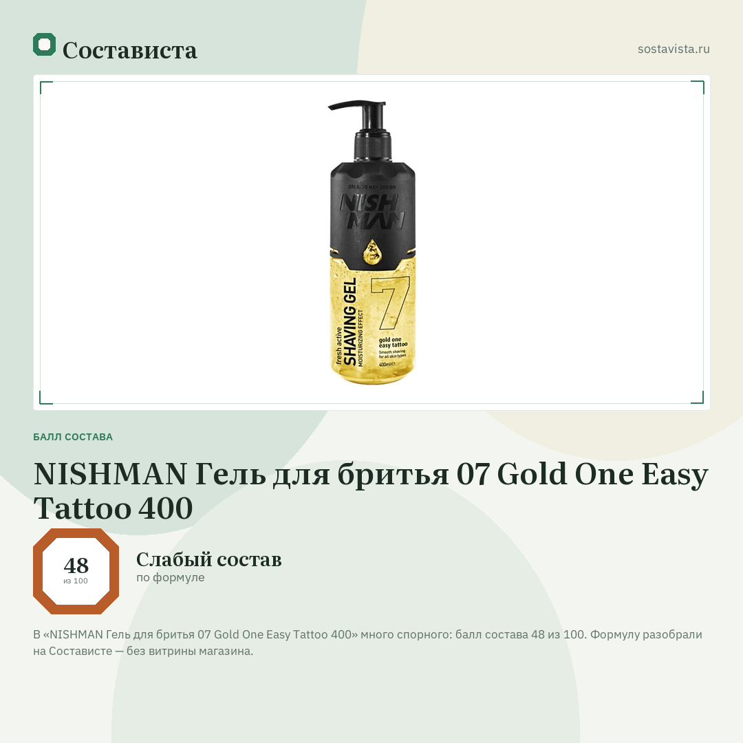 NISHMAN Гель для бритья 07 Gold One Easy Tattoo 400: балл состава 48 из 100 — Состависта