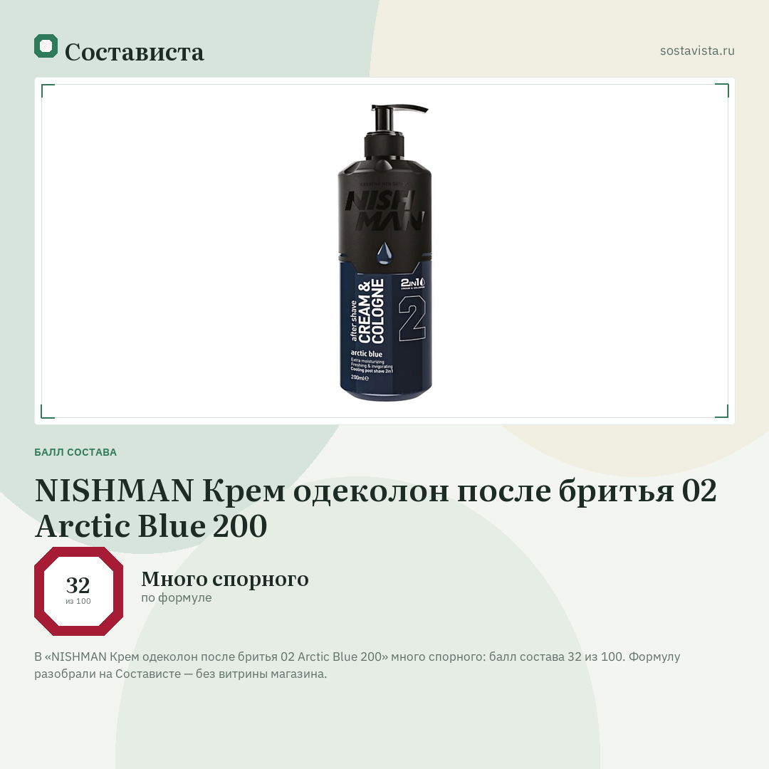 NISHMAN Крем одеколон после бритья 02 Arctic Blue 200: балл состава 32 из 100 — Состависта