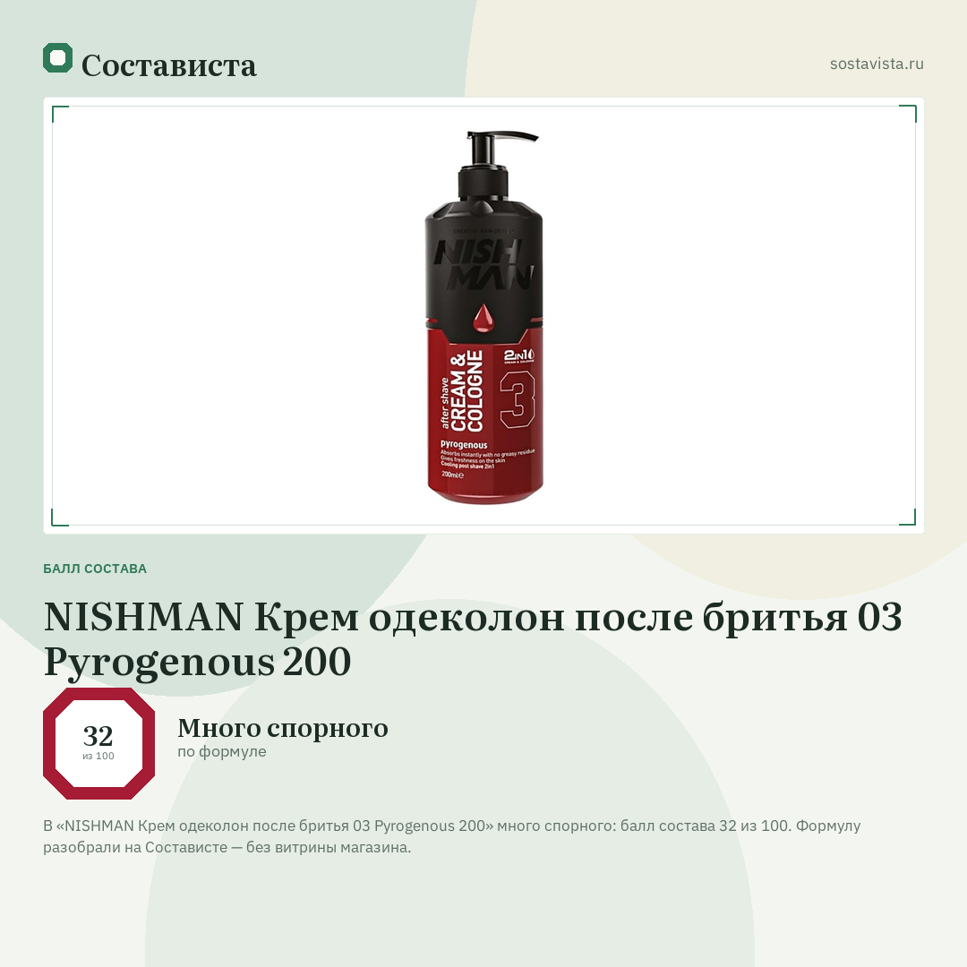 NISHMAN Крем одеколон после бритья 03 Pyrogenous 200: балл состава 32 из 100 — Состависта
