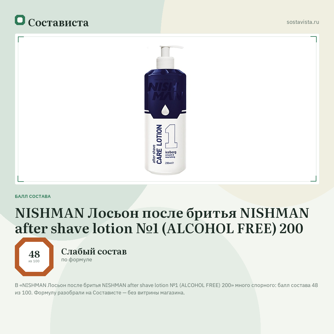 NISHMAN Лосьон после бритья NISHMAN after shave lotion №1 (ALCOHOL FREE) 200: балл состава 48 из 100 — Состависта