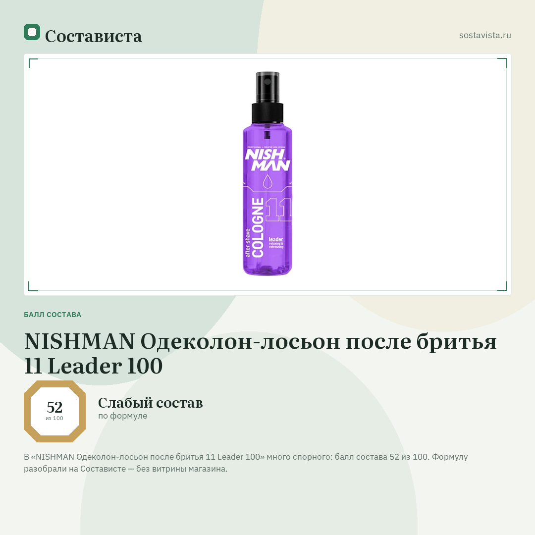 NISHMAN Одеколон-лосьон после бритья 11 Leader 100: балл состава 52 из 100 — Состависта