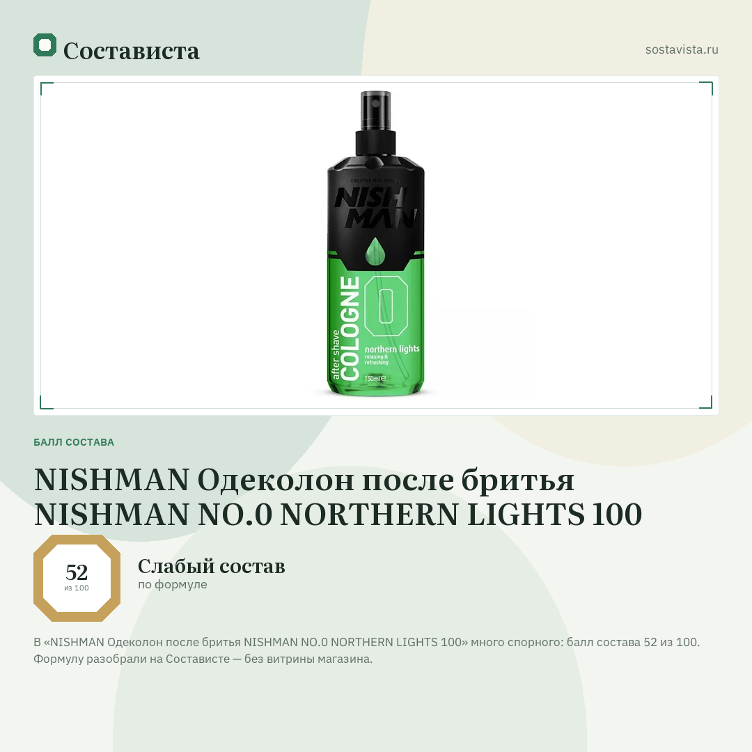 NISHMAN Одеколон после бритья NISHMAN NO.0 NORTHERN LIGHTS 100: балл состава 52 из 100 — Состависта