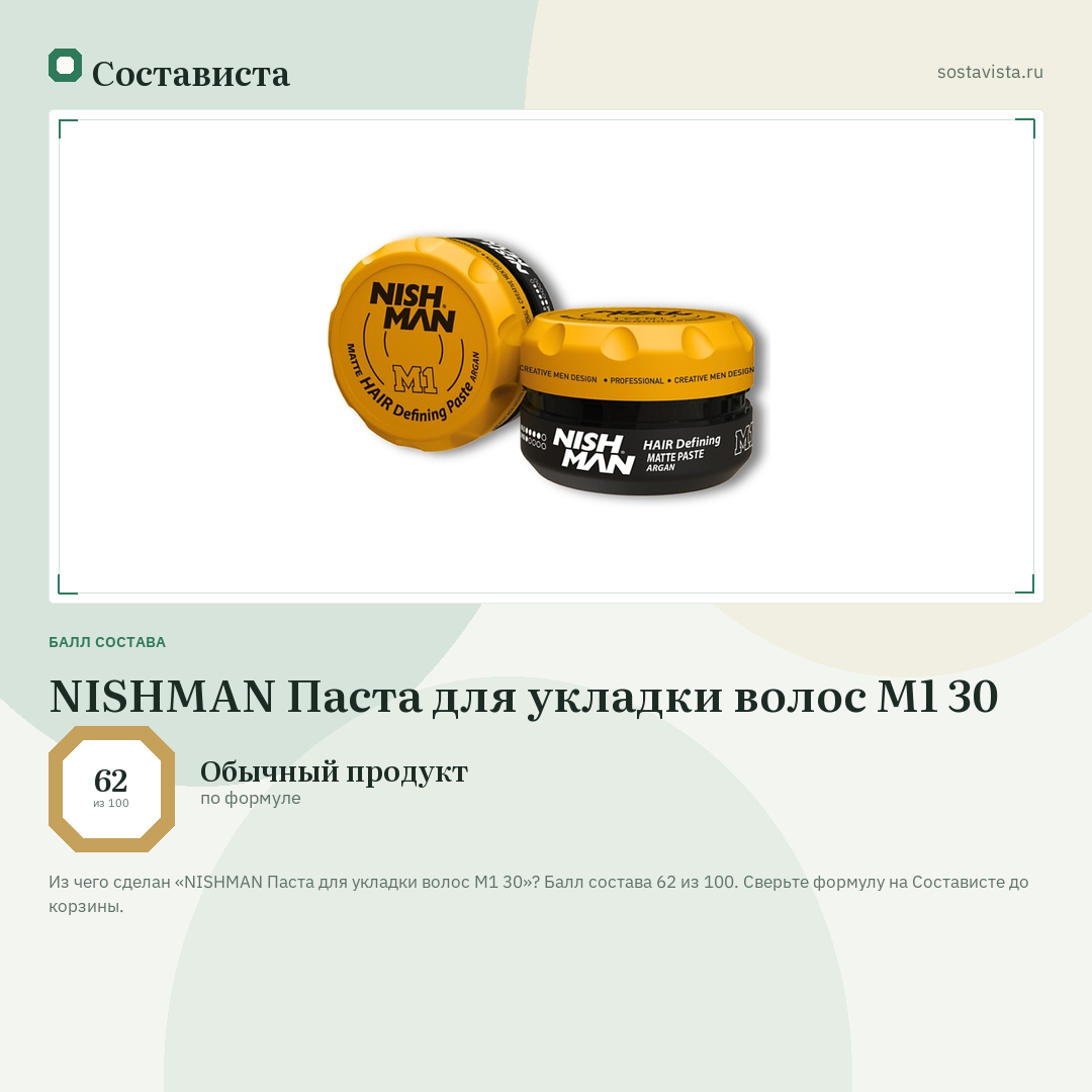 NISHMAN Паста для укладки волос М1 30: балл состава 62 из 100 — Состависта