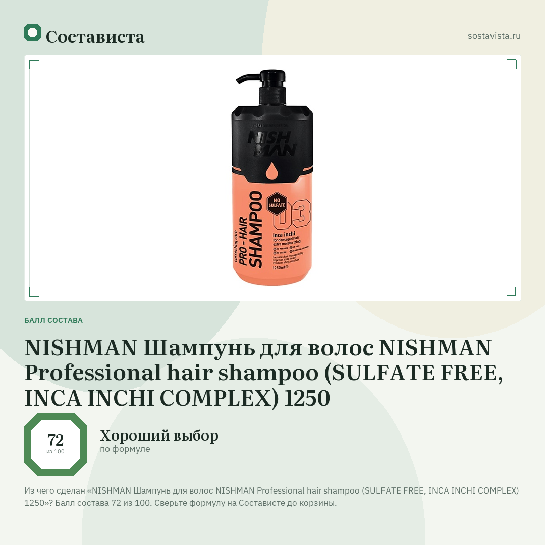 NISHMAN Шампунь для волос NISHMAN Professional hair shampoo (SULFATE FREE, INCA INCHI COMPLEX) 1250: балл состава 72 из 100 — Состависта