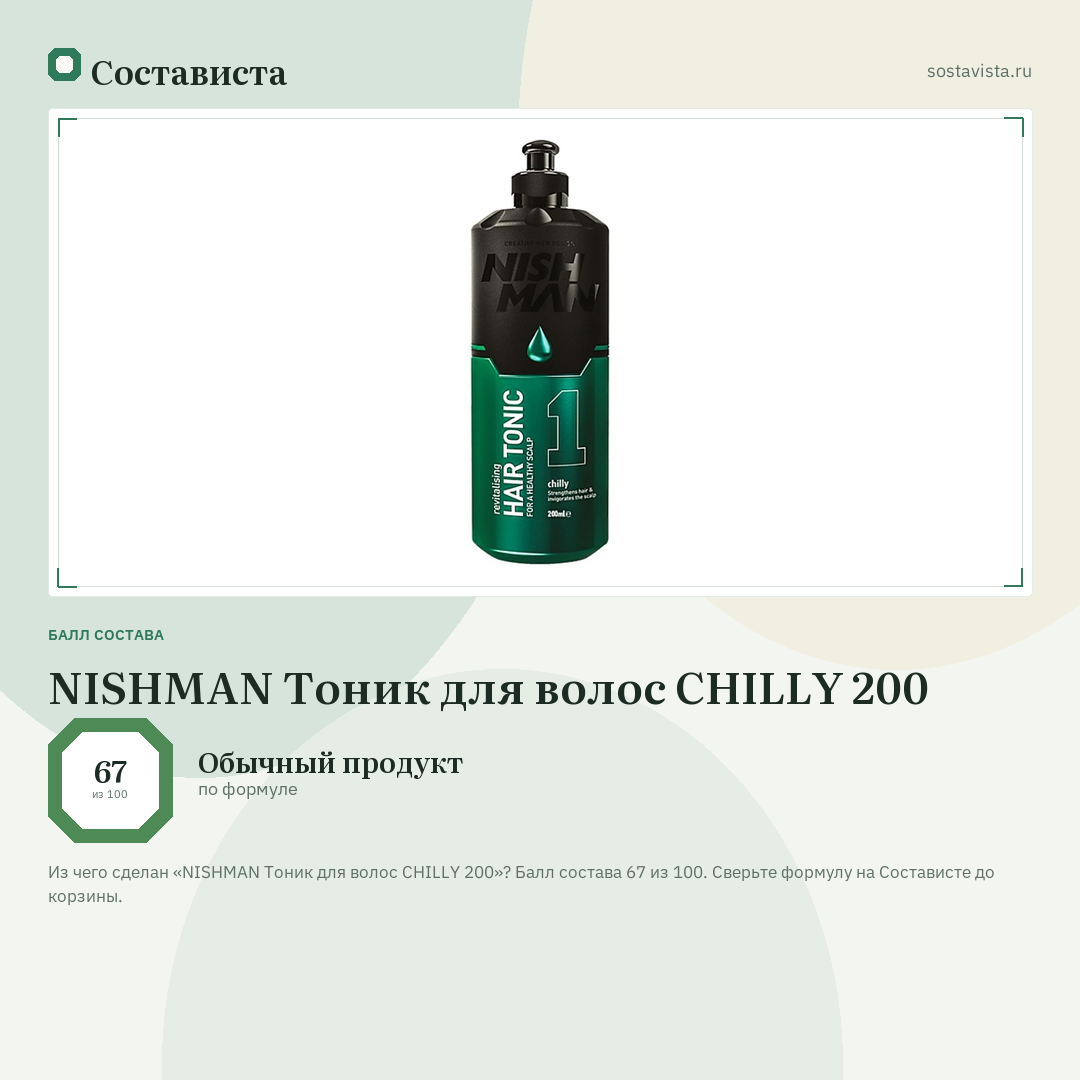 NISHMAN Тоник для волос CHILLY 200: балл состава 67 из 100 — Состависта