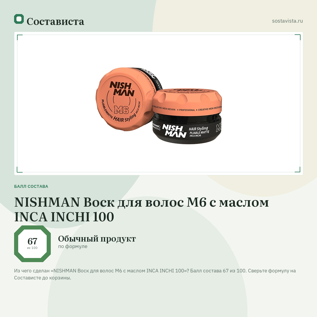 NISHMAN Воск для волос М6 с маслом INCA INCHI 100: балл состава 67 из 100 — Состависта