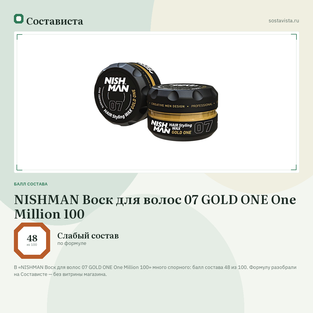 NISHMAN Воск для волос 07 GOLD ONE One Million 100: балл состава 48 из 100 — Состависта