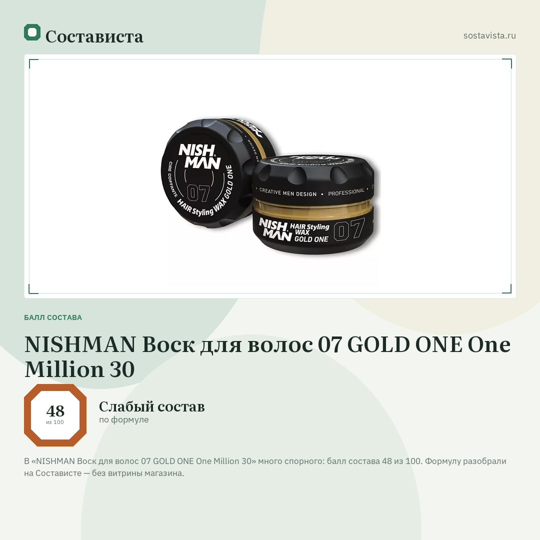 NISHMAN Воск для волос 07 GOLD ONE One Million 30: балл состава 48 из 100 — Состависта
