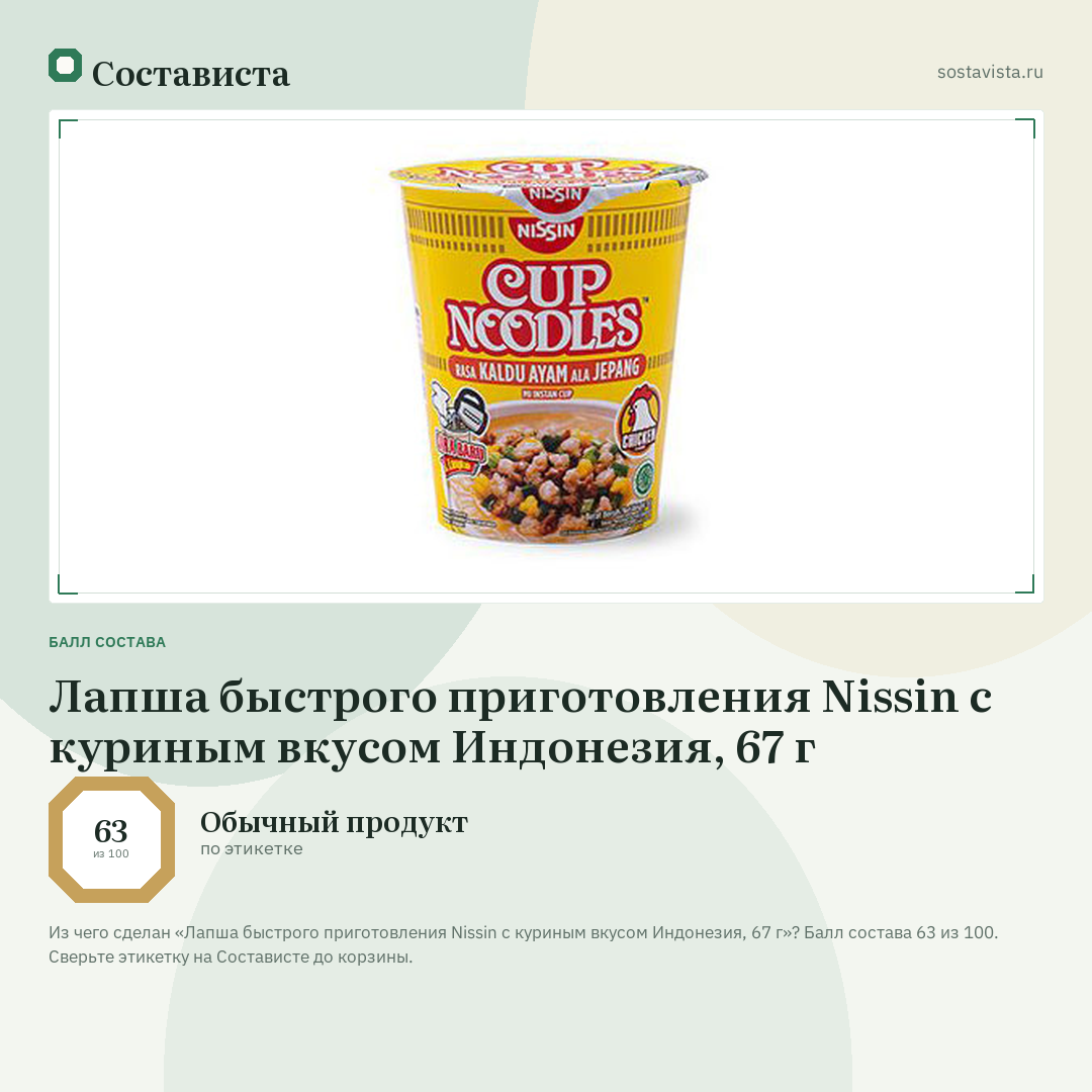 Лапша быстрого приготовления Nissin с куриным вкусом Индонезия, 67 г: балл состава 63 из 100 — Состависта