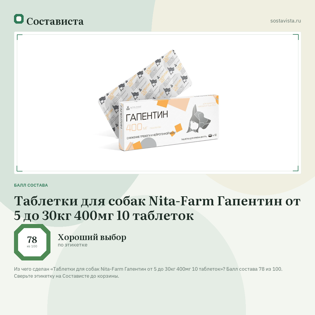 Таблетки для собак Nita-Farm Гапентин от 5 до 30кг 400мг 10 таблеток: балл состава 78 из 100 — Состависта