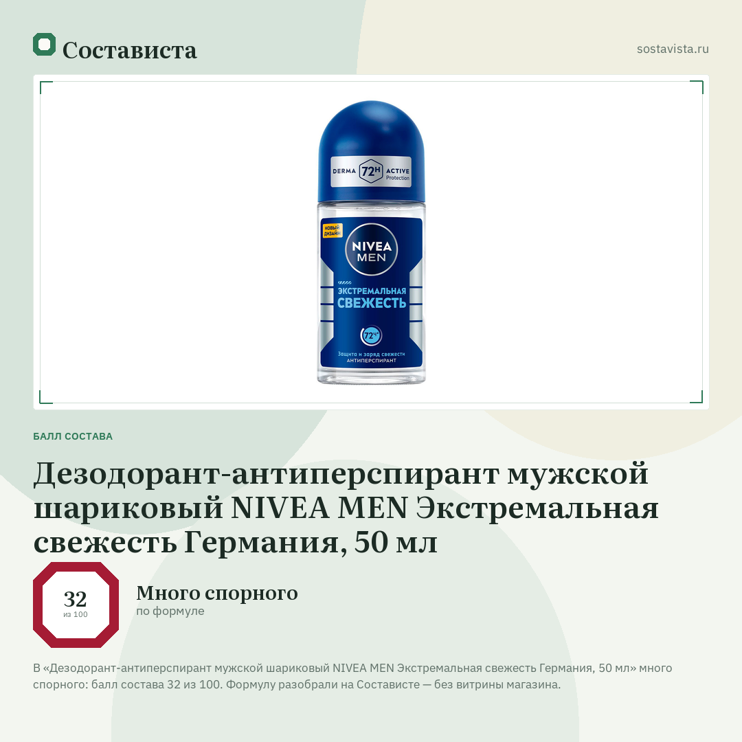 Дезодорант-антиперспирант мужской шариковый NIVEA MEN Экстремальная свежесть Германия, 50 мл: балл состава 32 из 100 — Состависта