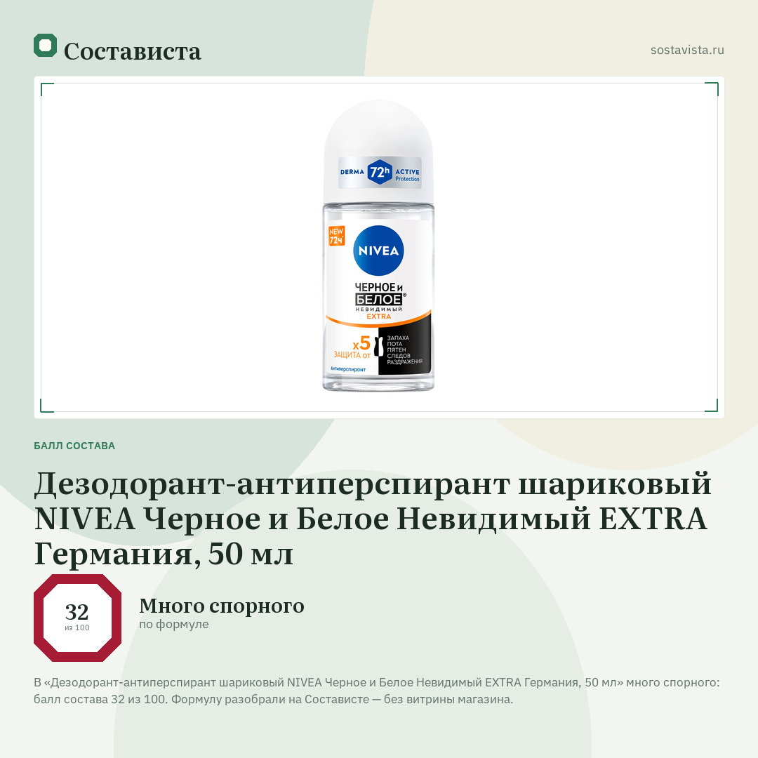 Дезодорант-антиперспирант шариковый NIVEA Черное и Белое Невидимый EXTRA Германия, 50 мл: балл состава 32 из 100 — Состависта