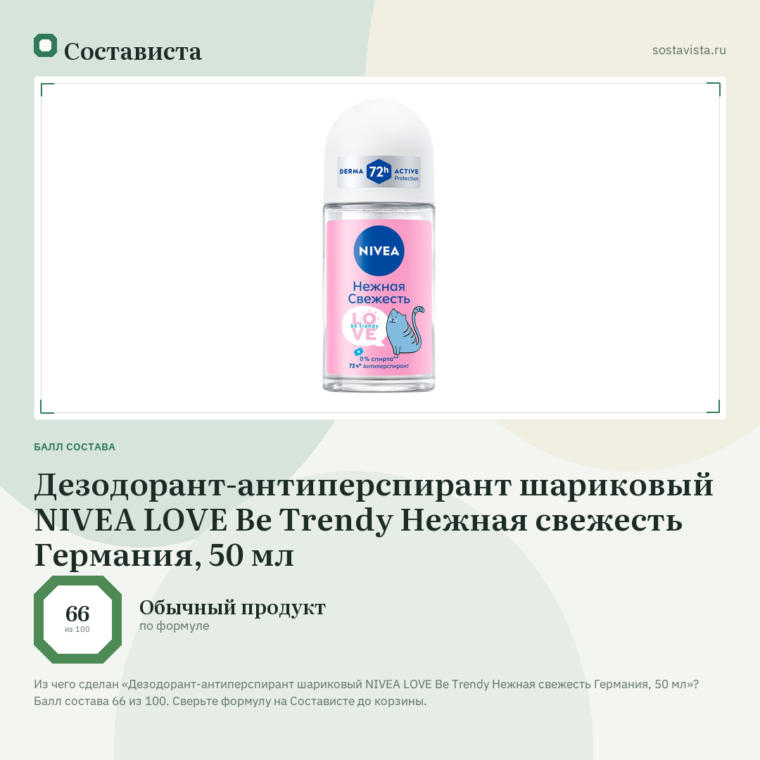 Дезодорант-антиперспирант шариковый NIVEA LOVE Be Trendy Нежная свежесть Германия, 50 мл: балл состава 66 из 100 — Состависта