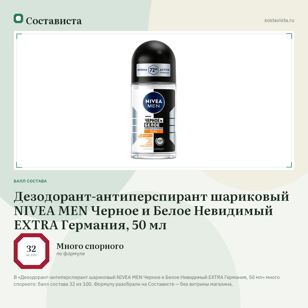 Дезодорант-антиперспирант шариковый NIVEA MEN Черное и Белое Невидимый EXTRA Германия, 50 мл: балл состава 32 из 100 — Состависта