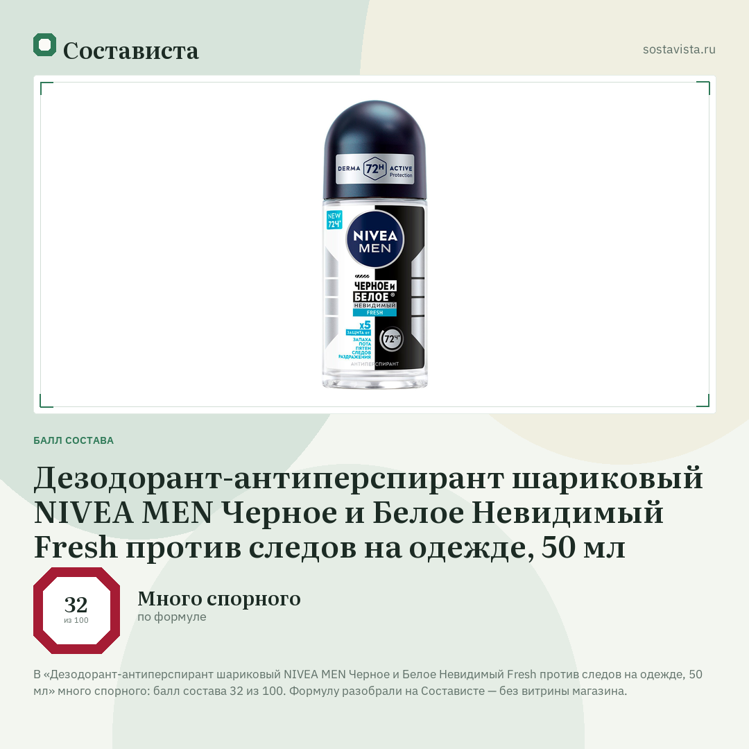 Дезодорант-антиперспирант шариковый NIVEA MEN Черное и Белое Невидимый Fresh против следов на одежде, 50 мл: балл состава 32 из 100 — Состависта
