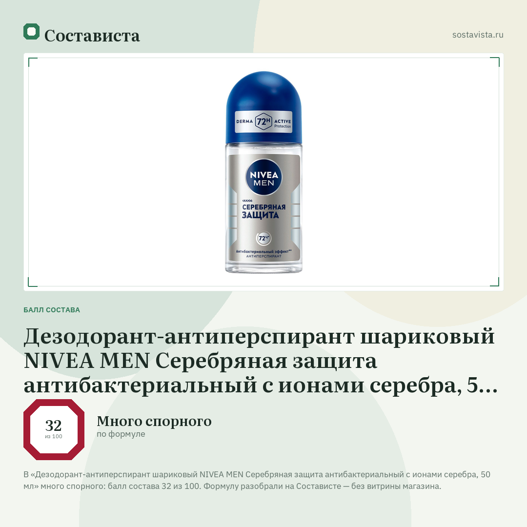 Дезодорант-антиперспирант шариковый NIVEA MEN Серебряная защита антибактериальный с ионами серебра, 50 мл: балл состава 32 из 100 — Состависта