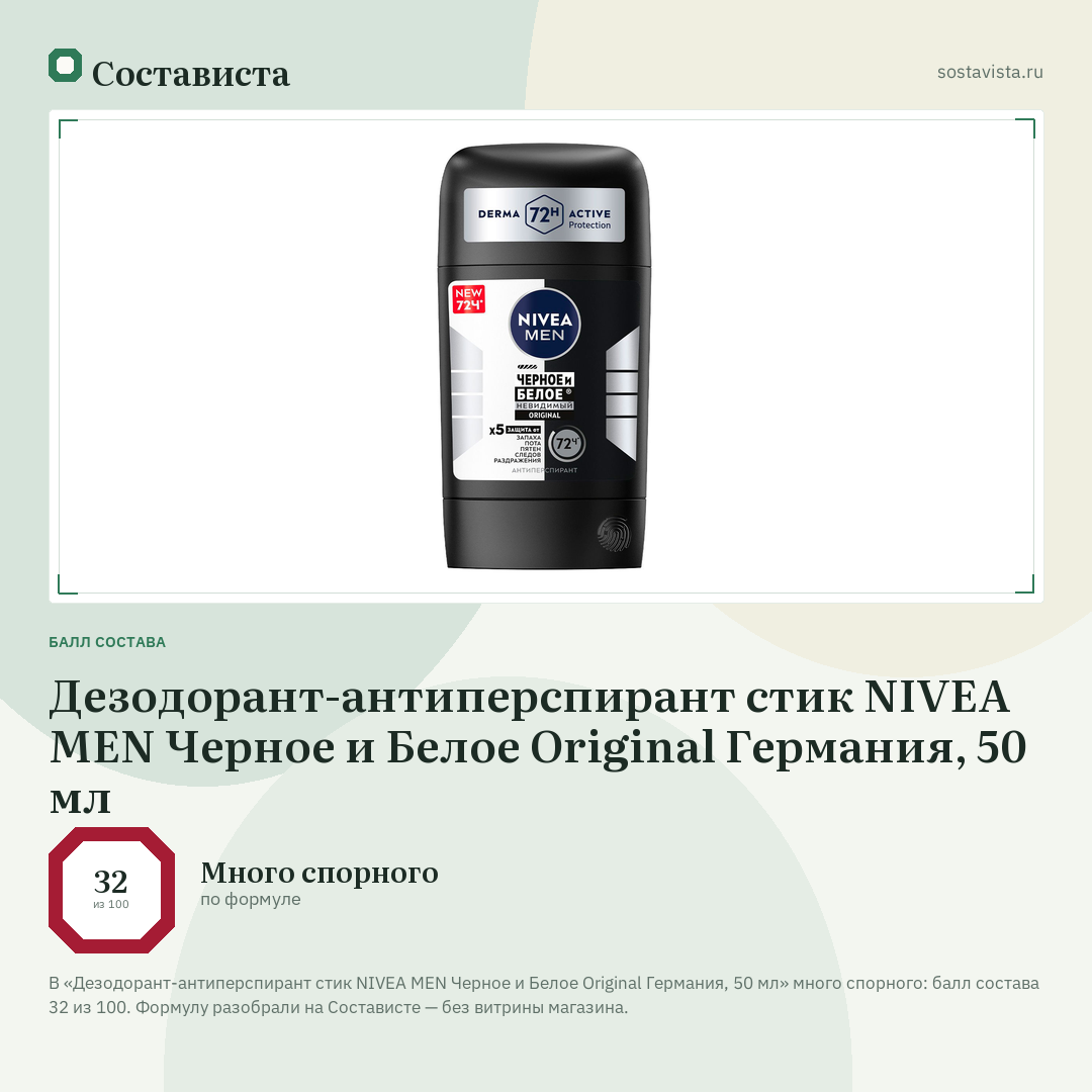 Дезодорант-антиперспирант стик NIVEA MEN Черное и Белое Original Германия, 50 мл: балл состава 32 из 100 — Состависта
