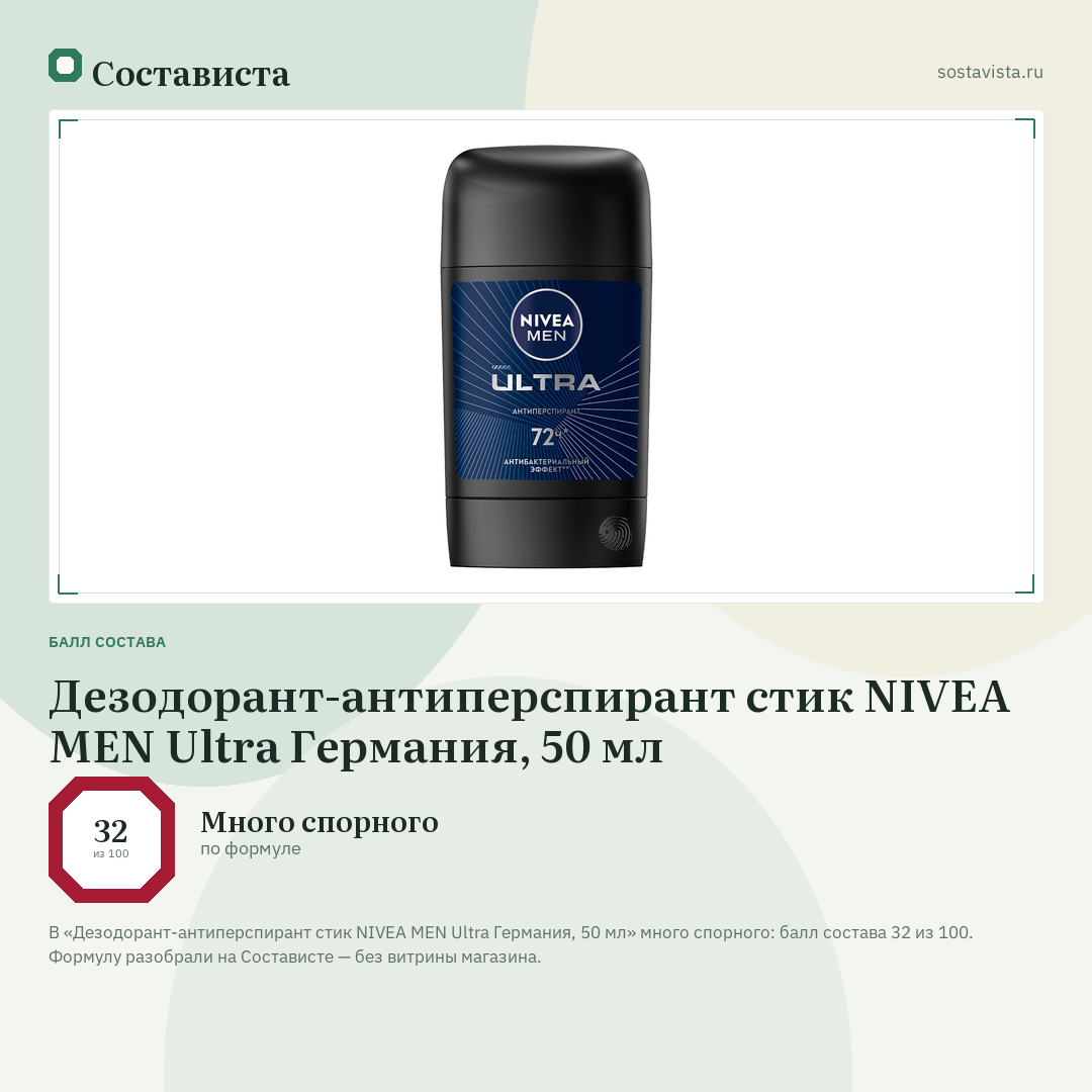 Дезодорант-антиперспирант стик NIVEA MEN Ultra Германия, 50 мл: балл состава 32 из 100 — Состависта