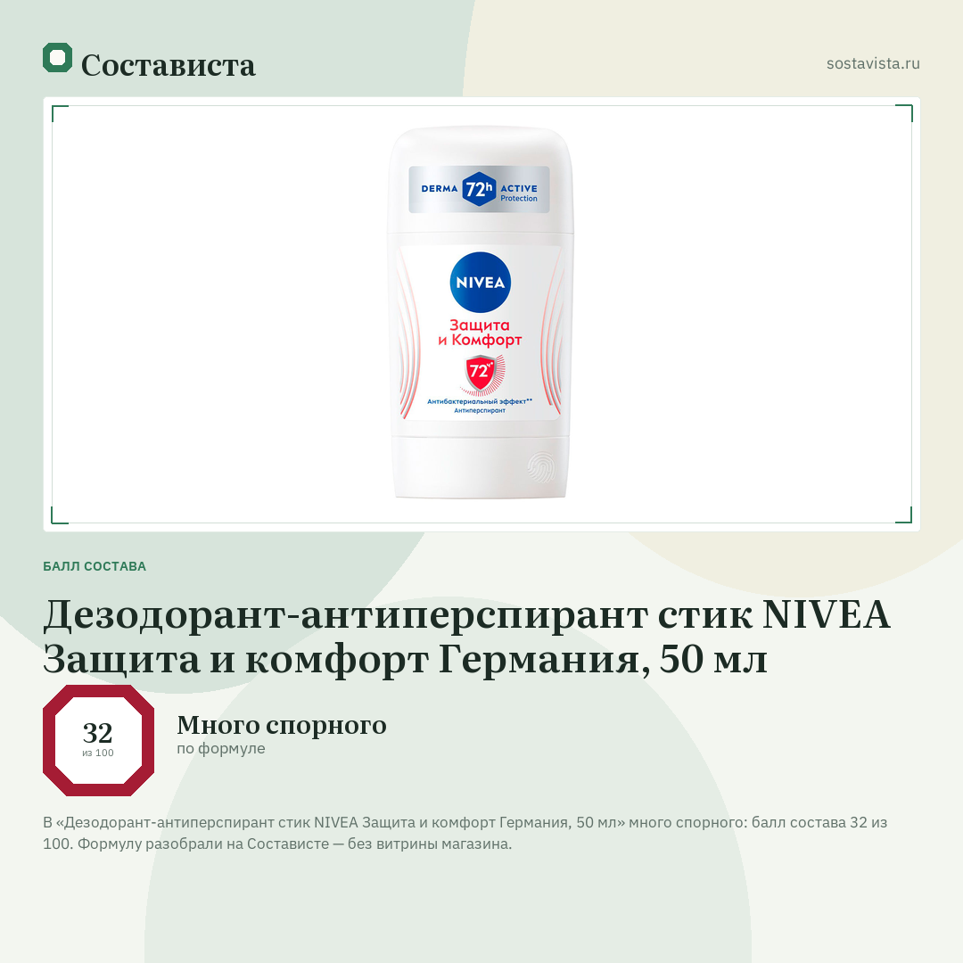 Дезодорант-антиперспирант стик NIVEA Защита и комфорт Германия, 50 мл: балл состава 32 из 100 — Состависта