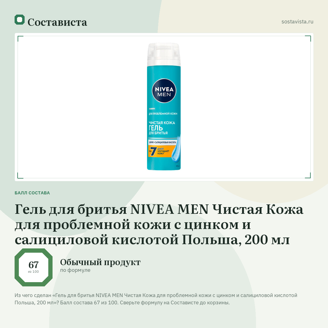 Гель для бритья NIVEA MEN Чистая Кожа для проблемной кожи с цинком и салициловой кислотой Польша, 200 мл: балл состава 67 из 100 — Состависта